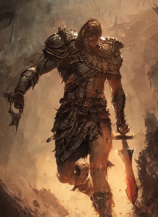 Image similar to ancient historically accurate depiction of the Bible Character Goliath of Gath, the Philistine warrior giant in ancient persian chainmail armor, dramatic lighting art by Yoji Shinkawa by Richard Schmid by greg rutkowski by Sandra Chevrier by Jeremy Lipking cinematic dramatic