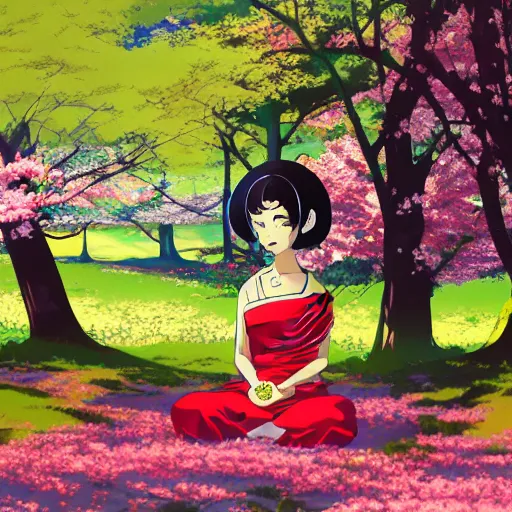 Image similar to anime key visual of a woman with short green hair wearing a black saree meditating near a japanese spring surrounded by cherry blossom trees by ilya kuvshinov and satoshi kon