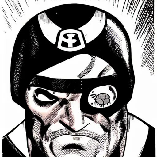 Image similar to soviet russian superman with an eyepatch, close up, by will eisner