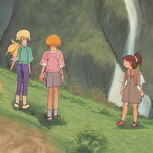 Prompt: Group of girls exploring a valley in Ghibli Studio style