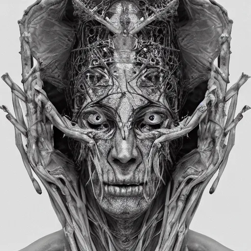 Image similar to portrait of Paimon, one of the kings of hell as human with translucent skin, visible muscles and veins and arteries and bones and spines and nerves, beautiful detailed intricate insanely detailed octane render, 8k artistic photography, photorealistic, chiaroscuro, by David Cronenberg, Raphael, Caravaggio