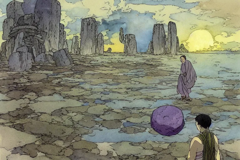 Image similar to a hyperrealist studio ghibli watercolor fantasy concept art. in the foreground is a giant monk in a grey robe lifting a stone. in the background is stonehenge. the scene is underwater on the sea floor. by rebecca guay, michael kaluta, charles vess