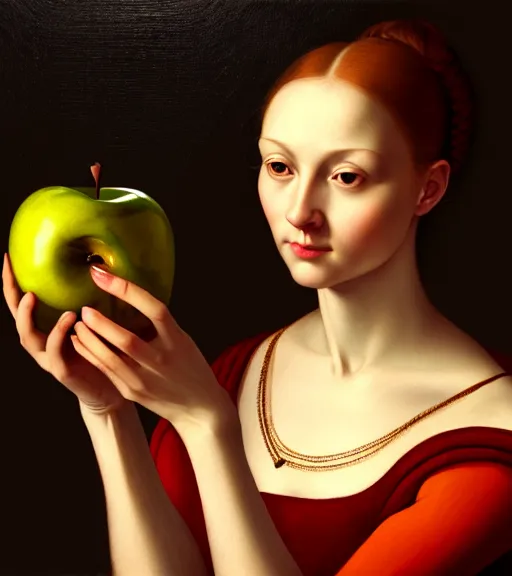 Image similar to portrait of a woman with an apple sitting upon a table with heightened detail, poised, intense emotion, detailed facial expression, detailed surroundings, intricate, elegant, highly detailed, centered, digital painting, artstation, concept art, smooth, sharp focus, illustration, by ( leonardo da vinci ), wlop