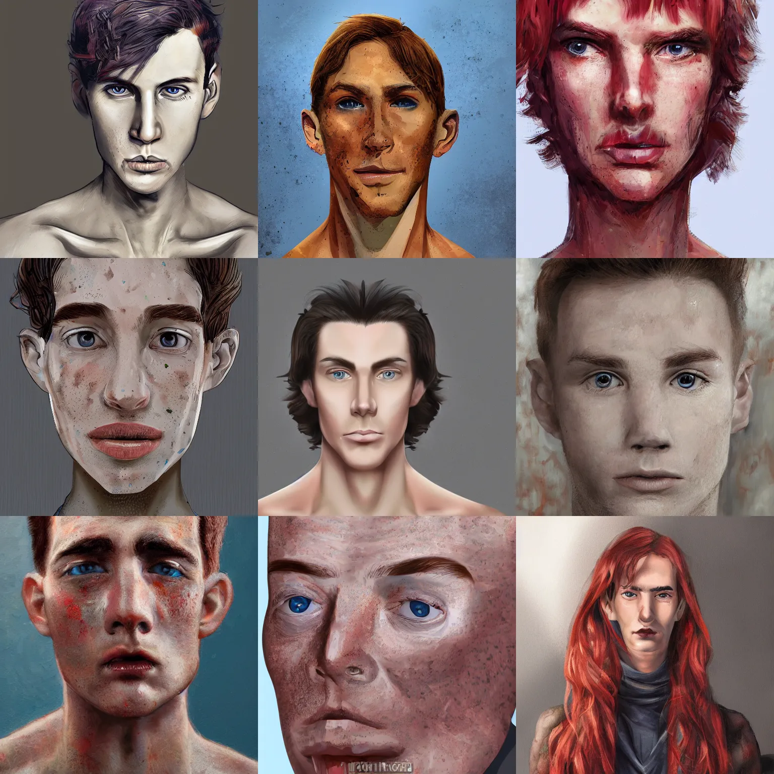 Prompt: face portrait of a thin young man with red hair and a lot of freckles, blue eyes, a long nose, highly detailed, digital art