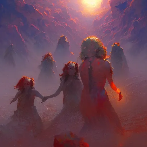 Image similar to a painting of the mothers of the sun by marc simonetti, high detail, trending on artstation