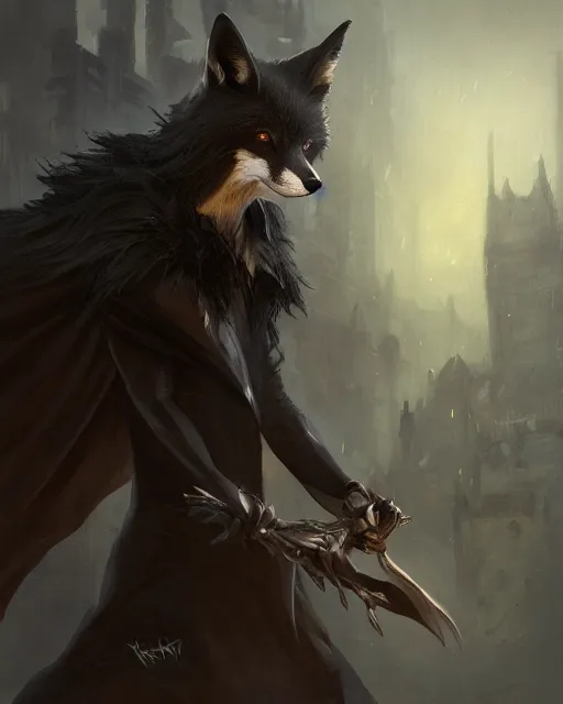 Image similar to oil painting of Anthropomorphized dark Fox thief, wearing dark cloak, mischievous look, full body, sharp focus, fantasy style, octane render, volumetric lighting, 8k high definition, by greg rutkowski, highly detailed, trending on art Station, magic the gathering artwork, dark city backround