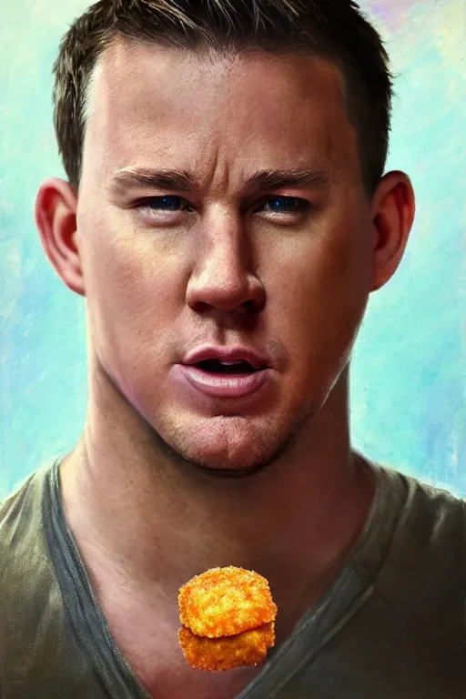 Image similar to channing tatum in a tater tot costume, oil on canvas, intricate, 8 k highly professionally detailed, hdr, cgsociety