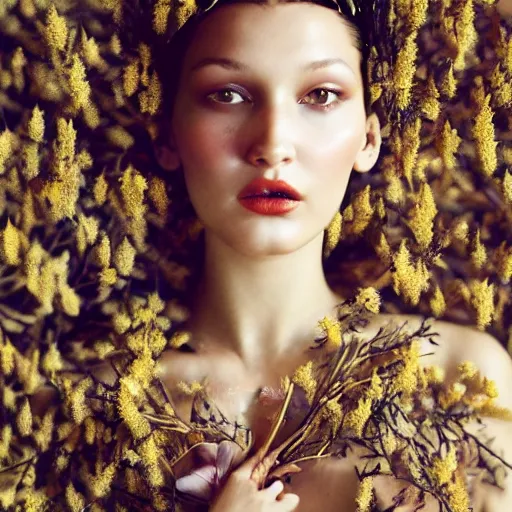 Image similar to fine art photo of bella hadid, she has a crown of dried flowers, by oleg oprisco