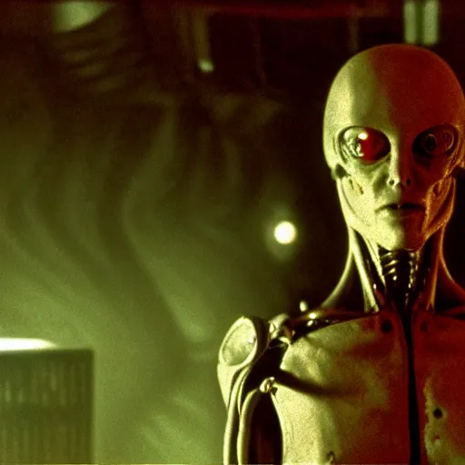 Image similar to movie still of a alien cyborg, cinematic composition, cinematic light, criterion collection, by ridley scott and david lynch,