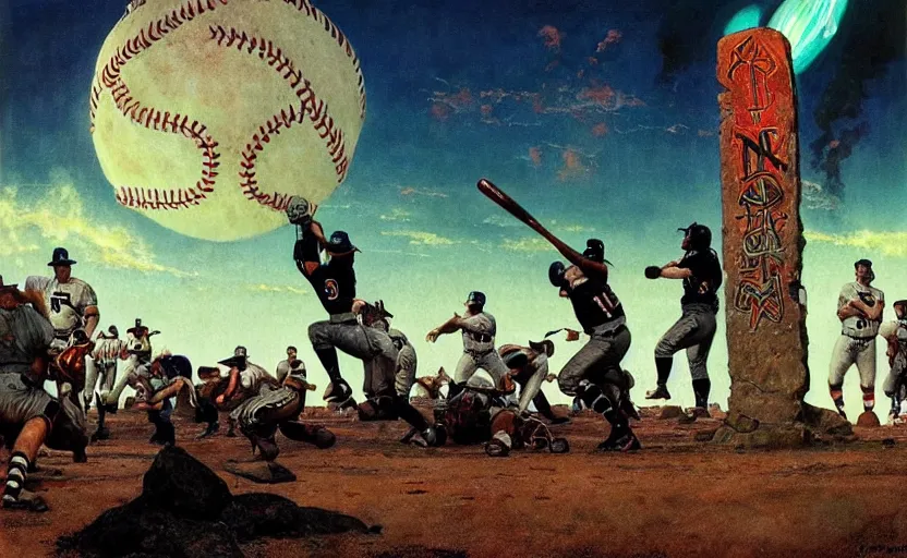 Prompt: a baseball game surrounded by ancient monoliths with glowing runes. highly detailed science fiction painting by norman rockwell, frank frazetta, and syd mead. rich colors, high contrast, gloomy atmosphere, dark background. trending on artstation