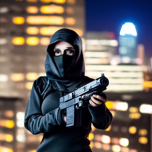 Image similar to photographic portrait of a techwear woman holding a Glock 18, closeup, on the rooftop of a futuristic city at night, sigma 85mm f/1.4, 4k, depth of field, high resolution, 4k, 8k, hd, full color