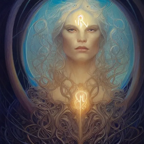 Prompt: a highly detailed beautiful portrait in the style of jean delville and in the style of peter mohrbacher. glowing rune of magical power.