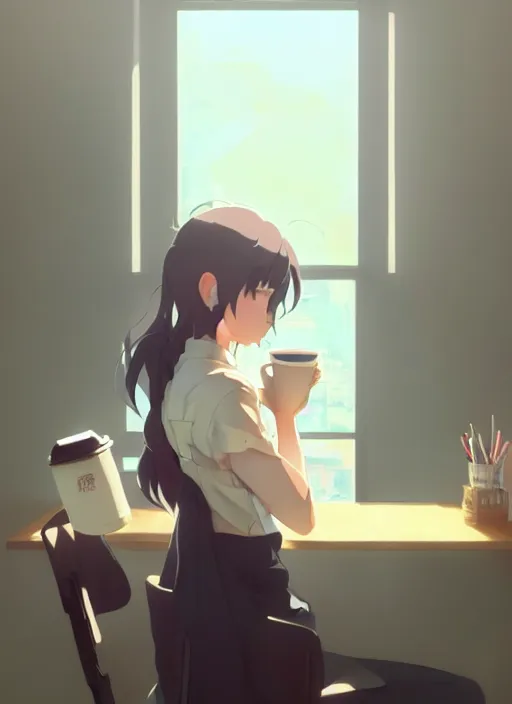 Image similar to girl with a cup of coffee in the office, illustration concept art anime key visual trending pixiv fanbox by wlop and greg rutkowski and makoto shinkai and studio ghibli