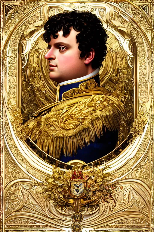 Prompt: hyperdetailed portrait of handsome manly god king napoleon bonaparte, gold laurel wreath, digital painting, artstation hq, sharp focus illustration, artstation intricate, elegant. wlop, artgerm, greg rutkowski, alphonse mucha, medium shot. dan mumford, tomokazu matsuyama, takato 4 yamamoto