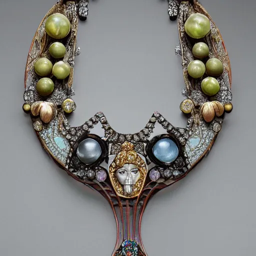 Image similar to artnouveau necklace of a woman's face with open eyes and messy hair in a bundle surrounded by gemstones highly detailed art by rene lalique