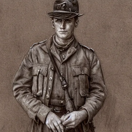 Prompt: a detailed photorealistic sepia - toned color line drawing of a 1 9 1 7 worried clean - shaven british lieutenant in detailed field gear not wearing a hat in wadi rum, ultra realistic, painted, intricate details, lovecraft, atmospheric, dark, horror, brooding, highly detailed, by clyde caldwell