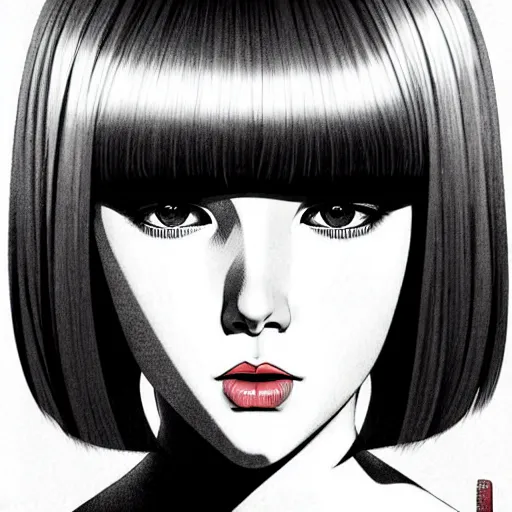 Image similar to woman with bobcut haircut with friendly eyes and slim features looking askance, underground box office hit, satire and seventies italian horror movie, intricate, ultra detailed 8 k, best, cool, extremely beautiful and aesthetic shape of face and neck, art by hiroaki samura and ilya kuvshinov and rossdraws and andy warhol, inverted