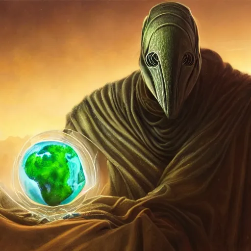 Image similar to masked nomad male wearing a cloak on an alien world and holding a holographic planet projection in his hand, detailed, sci - fi, digital painting, artstation, sharp focus, illustration, ominous, artgerm, tomasz alen kopera, peter mohrbacher, donato giancola, joseph christian leyendecker, wlop, frank frazetta