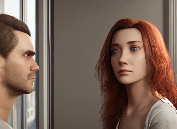 Image similar to a portrait of a woman standing infront of a window, a man is standing behind her with a look of suprise in his face, 8 k, photorealistic, unreal engine,