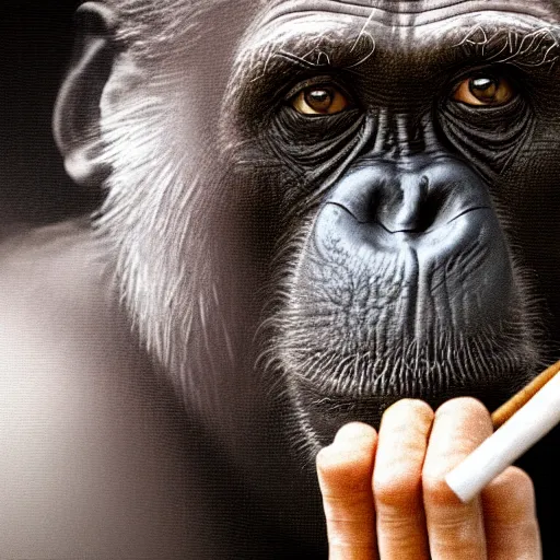 Image similar to a high detail photo of donald trump smoking a cigarrette, subject= chimp, subject detail: extremly detailed, subject action: smoking a cigar, photorealism, dramatic lighting, award winning photograph, trending on artstation