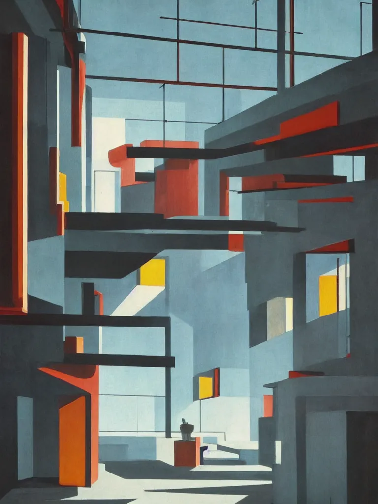 Image similar to colorful minimalist industrial interior bauhaus floors with monolithic pillars in the style of ridley scott and stanley kubrick, impossible stijl architecture, lone silhouette in the distance, ultra wide angle view, cinematic, god rays, volumetric lighting, realistic detailed painting by edward hopper