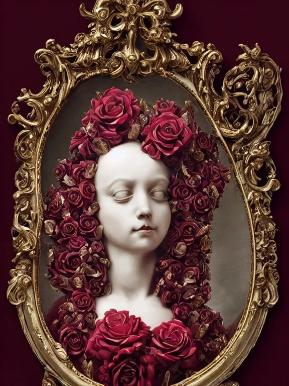 Prompt: a beautiful portrait render of a recatholic rococo roses veiled red queen sculpture,with baroque symmetry intricate detailed ,heart,pray,love,crystal-embellished,by Daveed Benito,LEdmund Leighton,Virginie Ropars,aaron horkey,Billelis,trending on pinterest,hyperreal,gold,silver,ivory,maximalist,glittering,golden ratio,cinematic lighting