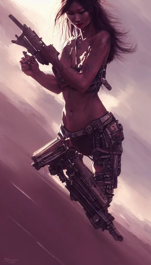 Image similar to road warrior, gemma chan beautiful girl, poetic, gorgeous, muscle cars, weapons, dystopian, grindhouse, george miller, made by stanley artgerm lau, wlop, rossdraws, james jean, andrei riabovitchev, marc simonetti, yoshitaka amano, beksinski artstation, cgsociety