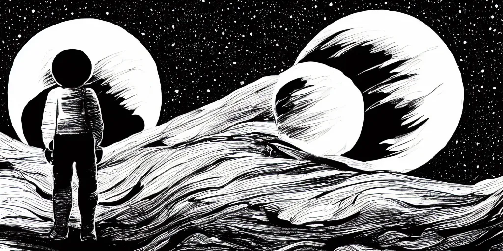 Image similar to ink lineart drawing of a planet, looming over an astronaut's shoulder, wide angle, space background, artstation, etchings by goya, chinese brush pen, illustration, high contrast, deep black tones contour