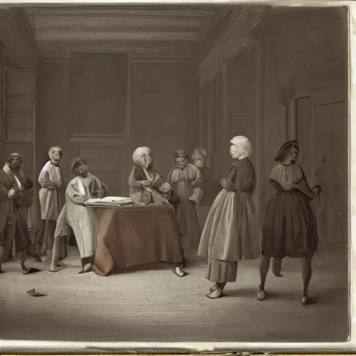 Prompt: mild umber by willem van haecht, by john pawson. a beautiful photograph of a group of people standing around a circular table. in the center of the table is a large, open book. the people in the photograph are looking at the book with interest & appear to be discussing its contents.