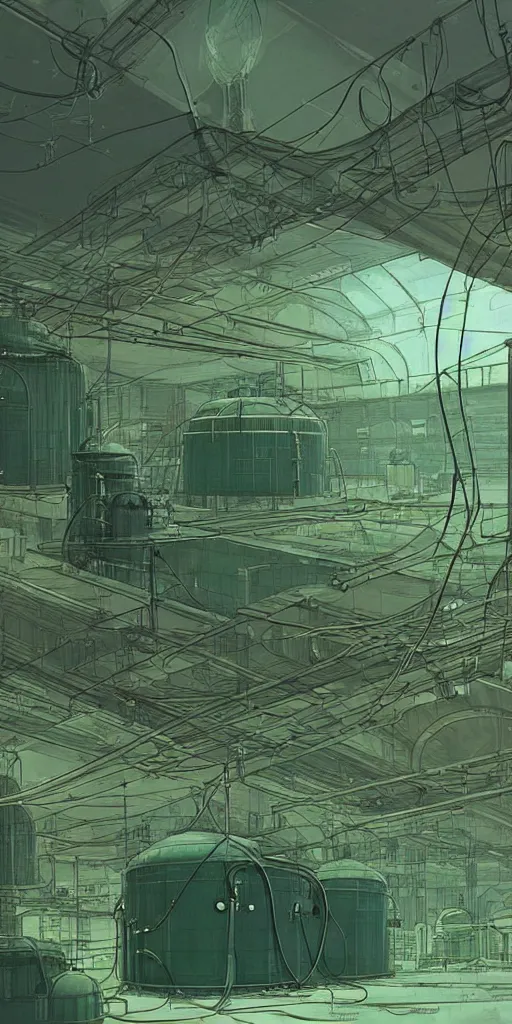 Image similar to experimental water tanks , mysterious laboratory, thick green mist, low ceiling, cables hanging from ceiling, thick cables on ground, god rays of light, huge computer screens, neons, saturated top light , epic scene, scifi, illustration, art by ghibli moebius