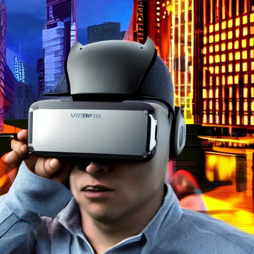 Image similar to Super hero wearing a virtual reality headset in big city, render, ray tracing