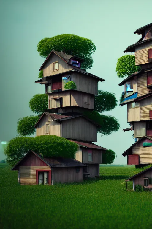 Prompt: stacked houses, solarpunk, studio ghibli, octane render, 4 k