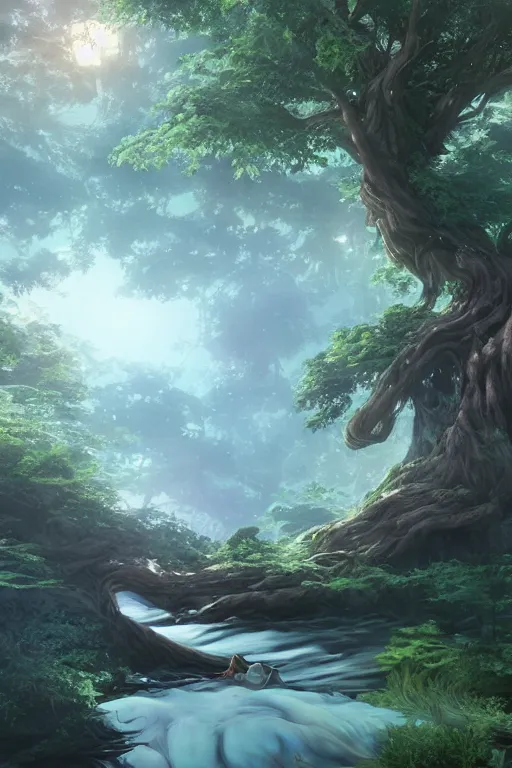 Prompt: ethereal river flowing through a giant ancient tree, serene evening atmosphere, soft lens, soft light, cel - shading, animation, in the style of cgsociety, deviantart, artstation, zbrush, cinema 4 d, studio ghibli, akihiko yoshida, atelier lulua, masamune shirow