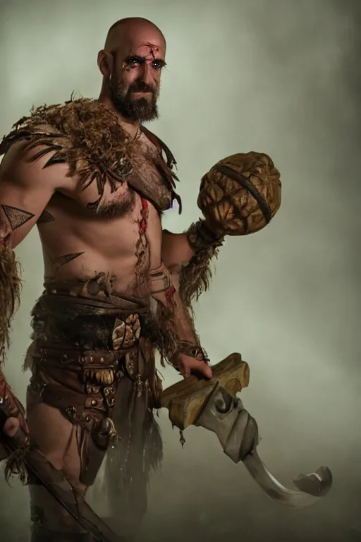 Image similar to Travis Willingham as Grog Strongjaw from Vox Machina, Dungeons and Dragons Goliath Barbarian, realistic cinematic shot, subtle fog and mood lighting