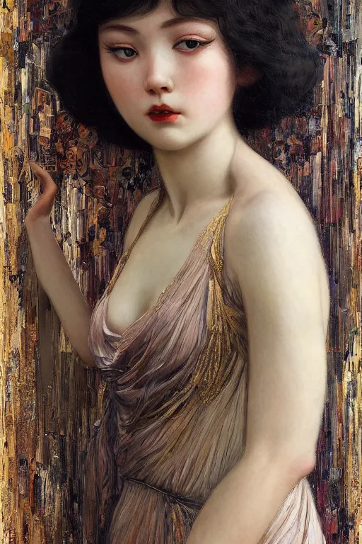 Prompt: beautiful girl posing in studio setting by frantisek kupka, intricate, miles johnston, kuroda seiki, cynical realism, ozabu, john william godward, painterly, yoshitaka amano, moebius, miles johnston, louise zhang, james jean, mark ryden