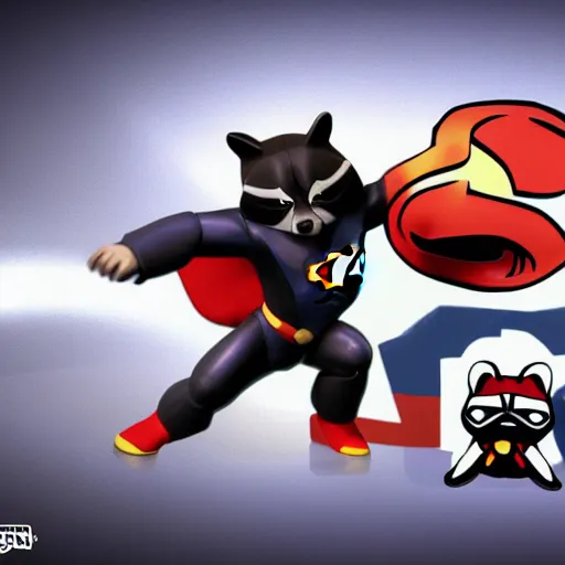 Image similar to Raccoon-superman fighting against darth-raccoon on a kirby-themed super-smash-bros-level, super highly detailed, professional digital painting, artstation, concept art, smooth, sharp focus, no blur, no dof, extreme illustration, Unreal Engine 5, Photorealism, HD quality, 8k resolution, cinema 4d, 3D, beautiful, cinematic, art by artgerm and greg rutkowski and alphonse mucha and loish and WLOP