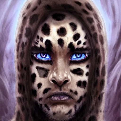 Image similar to Warlock with leopard traits. Character portrait, face close-up, of an anthro leopard warlock in the style of Bastien Lecouffe-Deharme