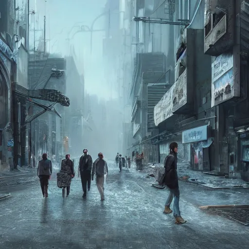 Prompt: hyperrealistic matte painting of a desolate city street, travelers walking under massive buildings, intricate detail, vr, cables, distortions, piping, 8 k resolution, by hugh ferris, cyberpunk style, concept art, trending on artstation