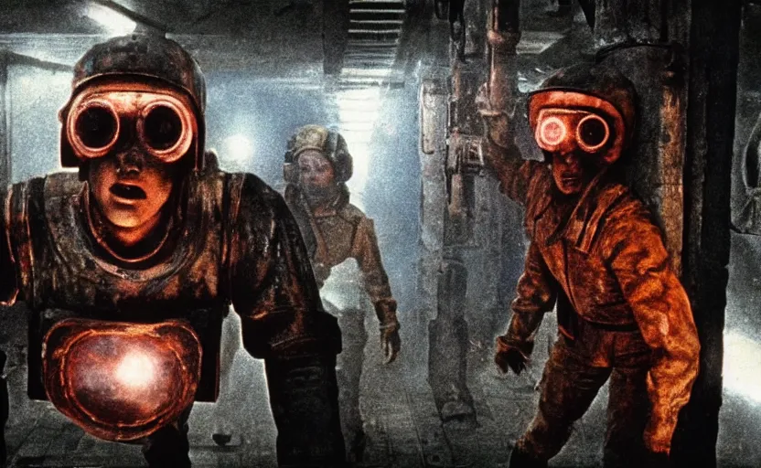 Image similar to a machine monster chases sadie sink dressed as a miner : a still from a scifi soviet cyberpunk film from 1 9 8 0 s. by steven spielberg and james cameron. 6 5 mm low grain film stock. sharp focus, realistic facial expression, perfect anatomy, cinematic atmosphere, detailed and intricate environment, trending on artstation