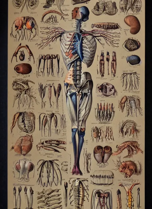 Image similar to vintage medical anatomical illustration of critters ( 1 9 8 6 ), highly detailed, labels, intricate writing