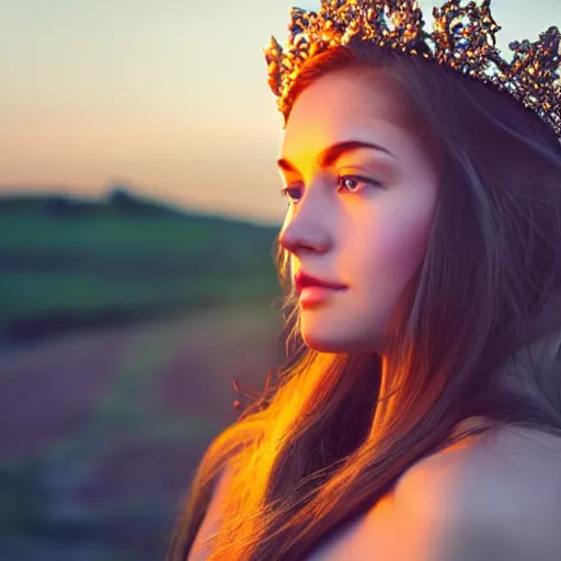 Image similar to an aesthetic beautiful female goddess wearing a crown in a relaxed pose head shot, sunset lighting