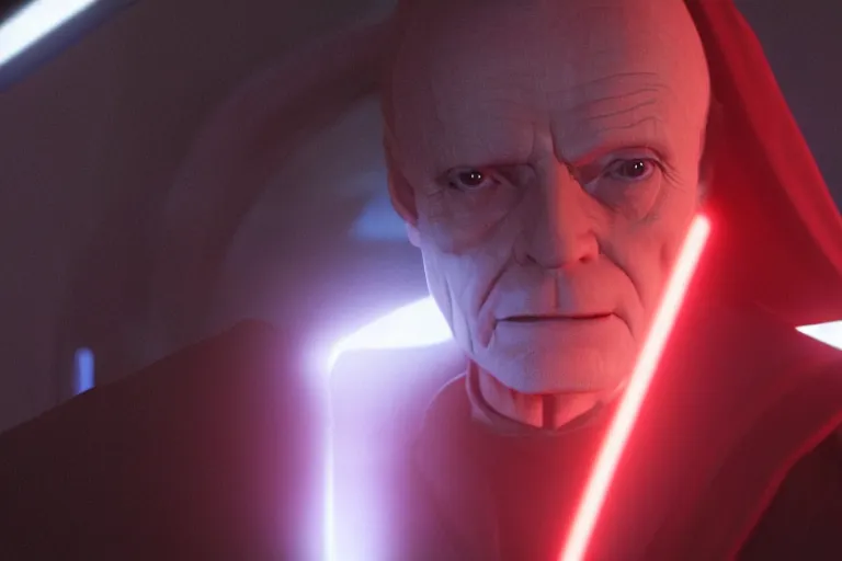 Image similar to a cinematic still of (Ian McDiarmid!!!) as palpatine, wearing sith hood, Ian McDiarmid, ((octane render, nvidia raytracing demo)), masterpiece