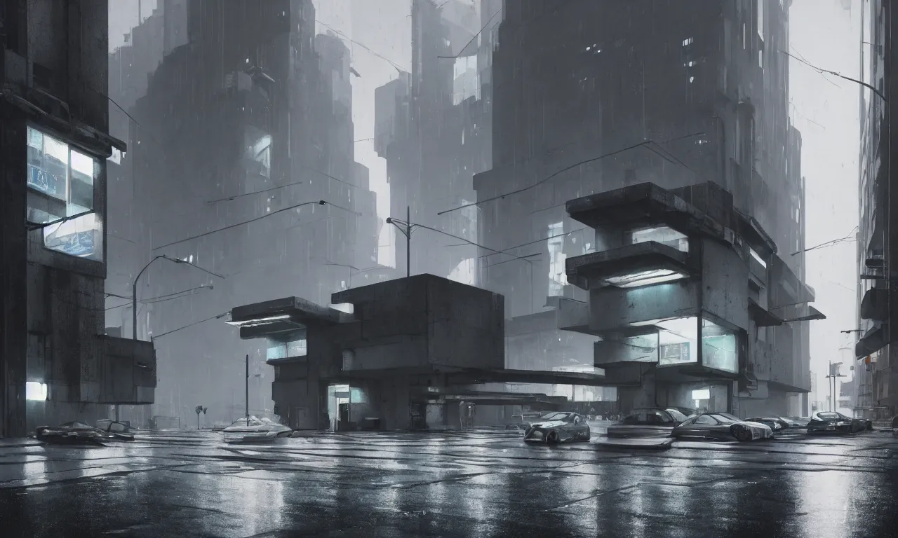 Image similar to high resolution photograph, streetscape, simple brutalist architecture, metal, concrete, wet streets, white neon lights, neon signs, flying cars, pedestrians, greg rutkowski, syd mead, ralph mcquarrie, concept art, matte painting, finely detailed, minimal artifacts, rule of thirds, dynamic lighting, cinematic, denoised, centered, artstation