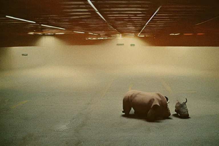 Prompt: obscured fuzzy rhino, inside of an badly lit 1970s parking garage, ektachrome photograph, volumetric lighting, f8 aperture, cinematic Eastman 5384 film