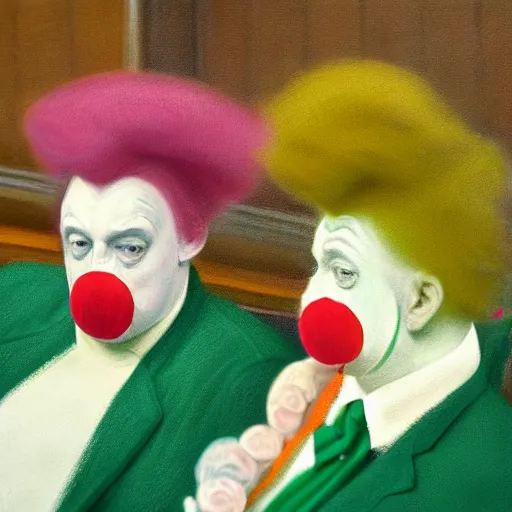 Image similar to a highly detailed beautiful portrait close up hyper realistic painting of british members of parliament in the house of commons wearing pastel coloured clown costumes with pleasant oversized joyful faces, they are smoking. in the style of edward hopper, richard hamilton. concept art. green leather benches. photographic. concept. crisp digital art. no artefacts. desaturated. high fidelity facial portrait. 8 k