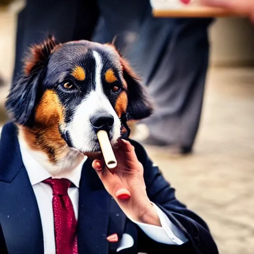 Image similar to a high detail closeup photograph of a dog wearing a suit 👔,and smoking a cigarrette🚬, award wining photograph