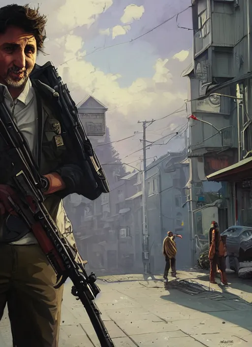 Image similar to highly detailed portrait justin trudeau in street gang attire holding ar - 1 5! in gta v stephen bliss unreal engine fantasy art by greg rutkowski loish rhads ferdinand knab makoto shinkai lois van baarle ilya kuvshinov rossdraws tom bagshaw global illumination radiant light detailed intricate environment