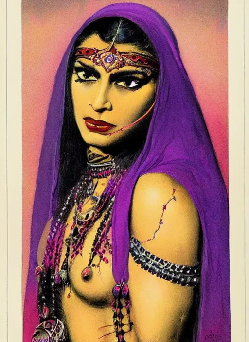 Image similar to portrait of muscular indian vampiress, jeweled veil, strong line, saturated color, beautiful! coherent! by frank frazetta, high contrast, minimalism