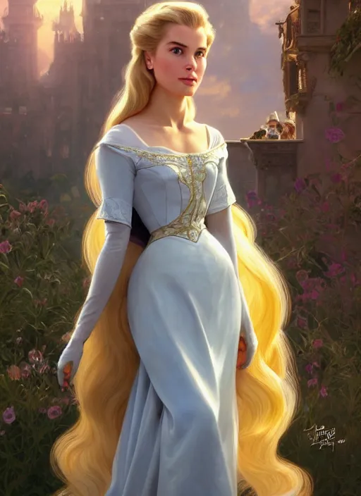 Prompt: Grace Kelly with ridiculously long hair as Rapunzel, western, D&D, fantasy, intricate, elegant, highly detailed, digital painting, artstation, concept art, matte, sharp focus, illustration, art by Artgerm and Greg Rutkowski and Alphonse Mucha, masterpiece, stunning, artstation