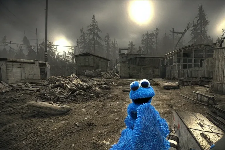 Prompt: “ a screenshot of cookie monster in s. t. a. l. k. e. r. : shadow of chernobyl ”